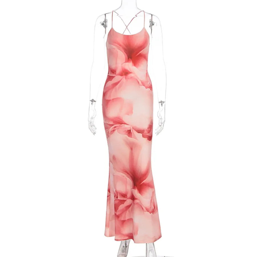 【HOT】European and American style summer new women's style temperament sexy print backless slim waist bag hip dress