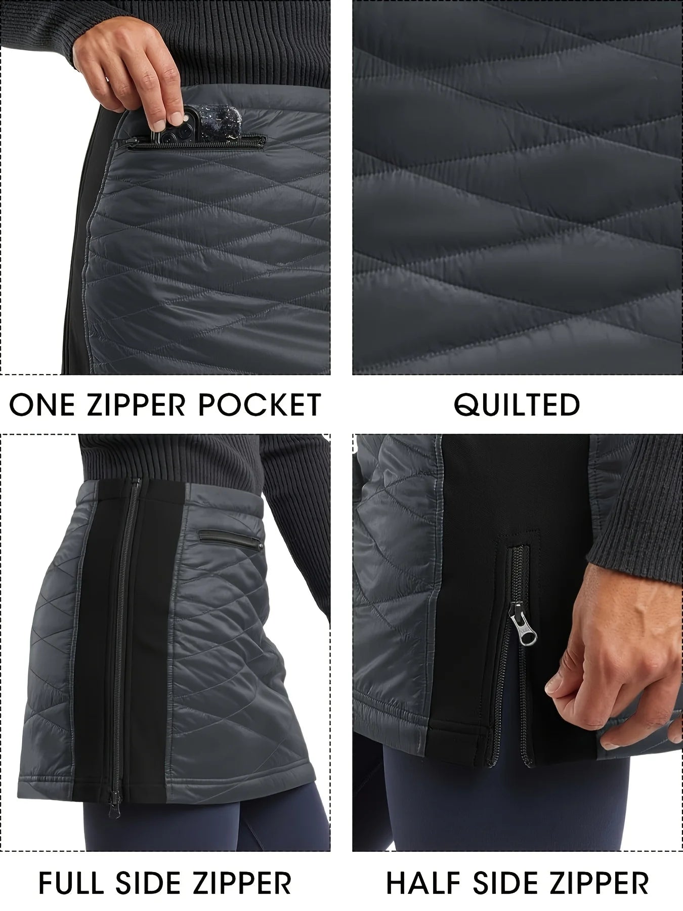 Women's Zippered Puffer Skirt Quilted Insulated Winter Skirt for Skiing Hiking Running Golf With Pockets