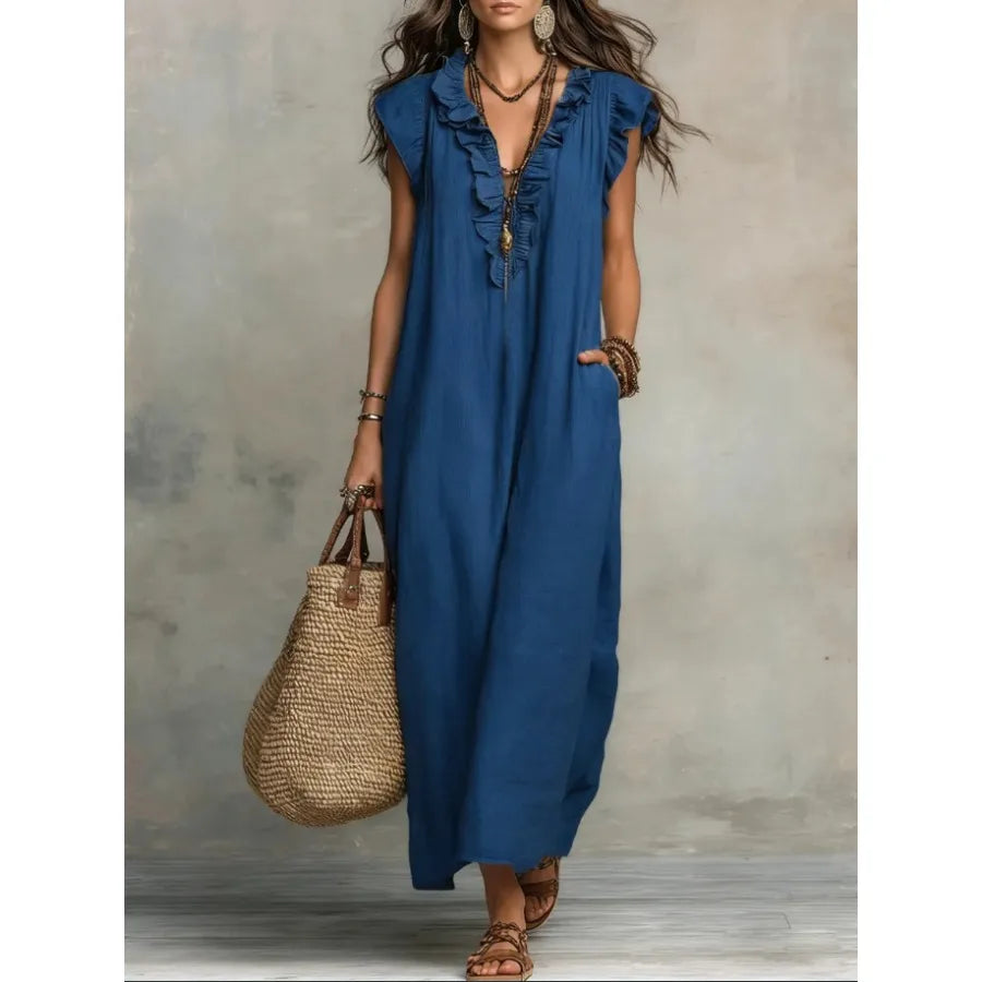 European and American solid color sleeveless v-neck holiday dress women's - 2026 spring and summer pocket ruffled temperament d