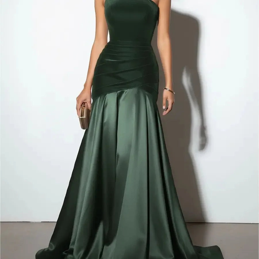 Women's Luxurious -Neck Off-Shoulder Evening Gown - Bodycon A-Line Dress with Rhinestone Side Split Hem Machine Washable Suitab