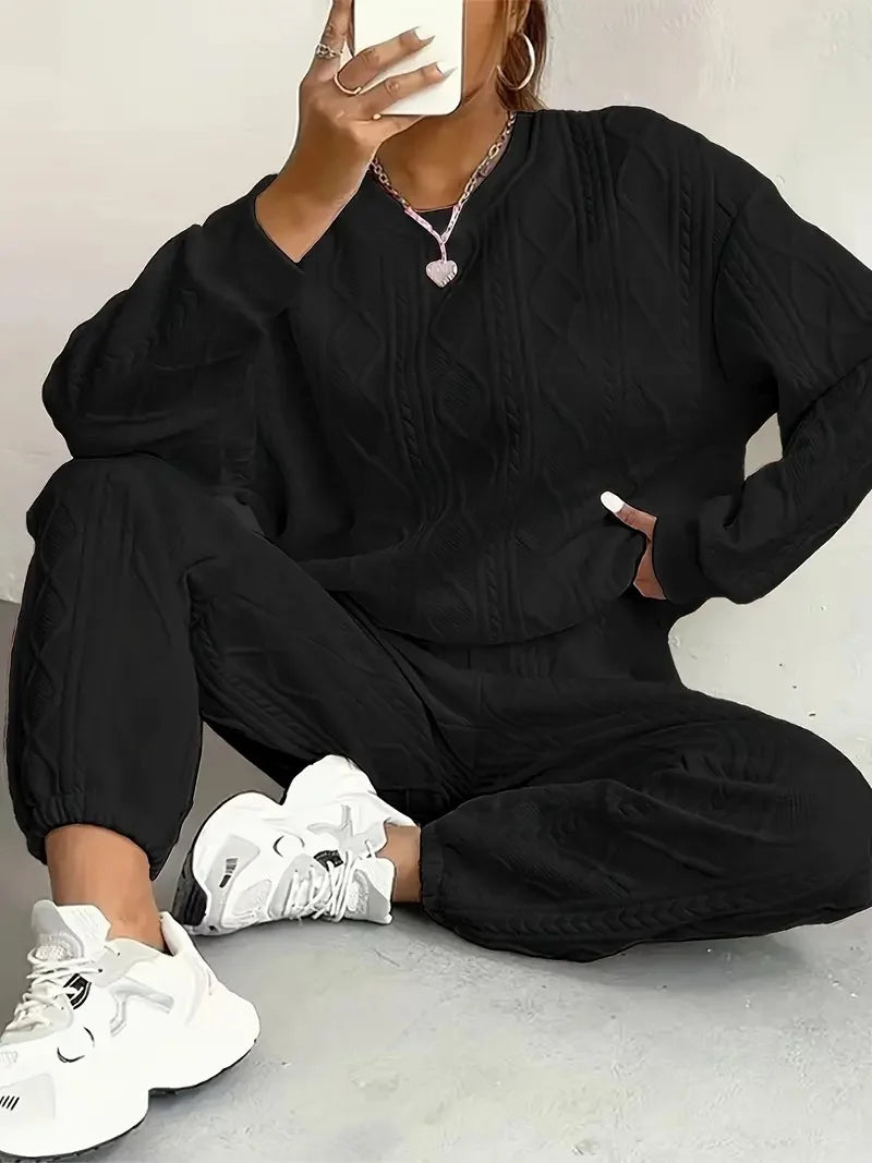 Plus Size Women's Twist Knit Textured Home Two-Piece Set, Comfortable Outfit for Autumn and Winter Casual Fashion Wear