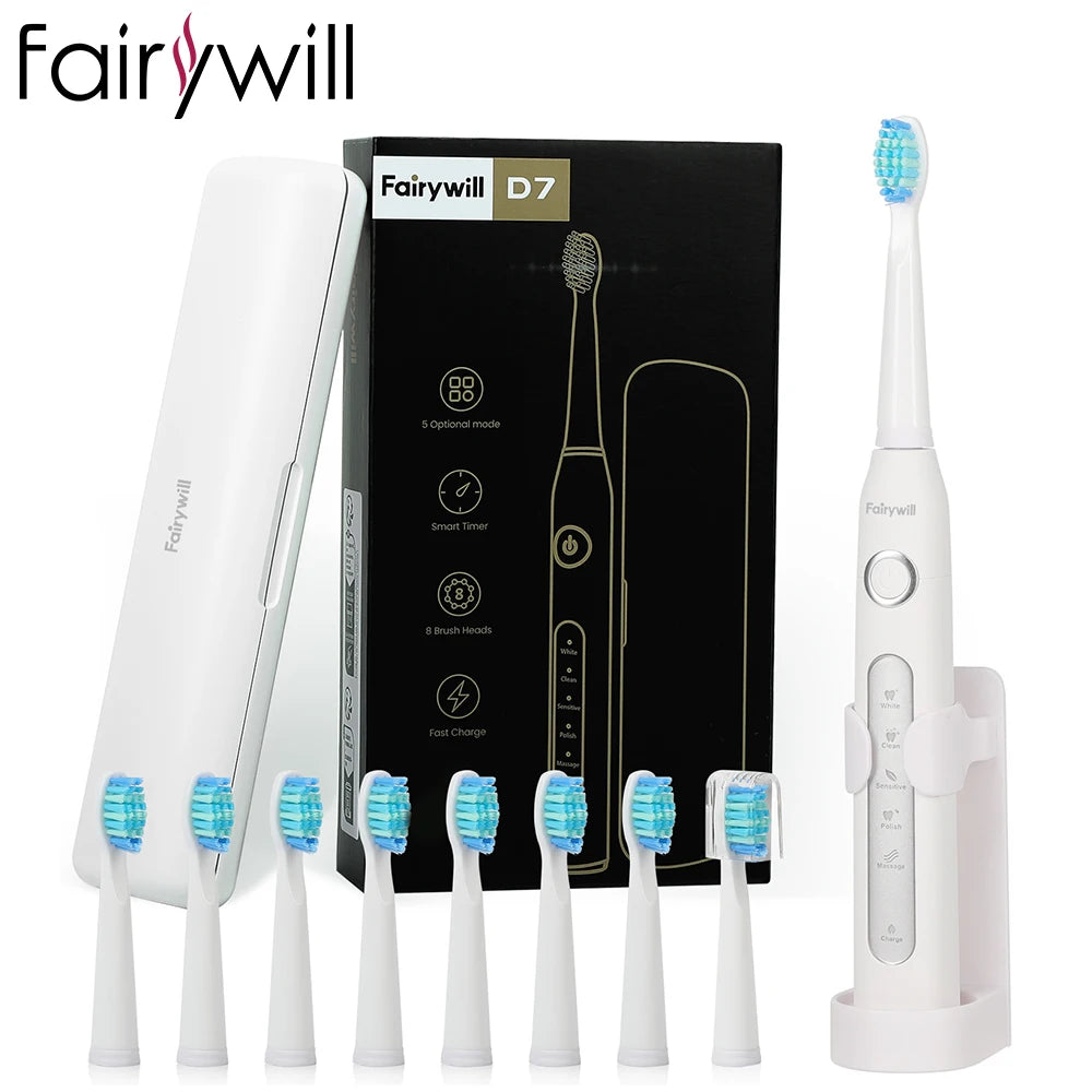 Fairywill FW-507 Sonic Electric Toothbrush 5 Modes USB Charger Tooth Brushes Replacement Timer Sonic Toothbrush 8 Brush Heads