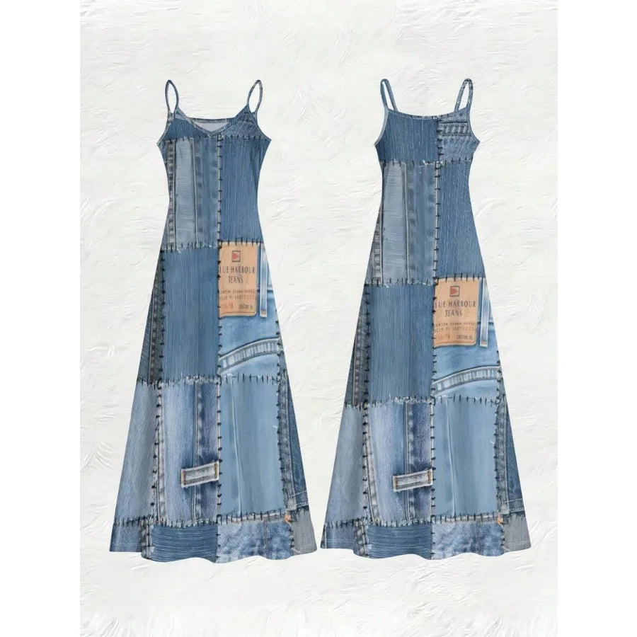 【New style】A Piece Of Retro Denim Patchwork Textured Knitted V-Neck Spaghetti Strap Dress, A Women's Outfit For Summer Casual O
