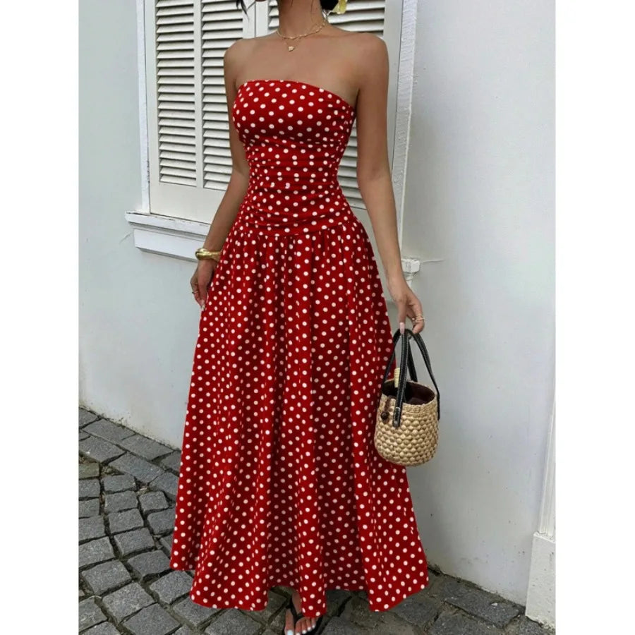 2026 - European and American spring and autumn vacation style temperament slimming polka dot tube top jumpsuit cake skirt lon