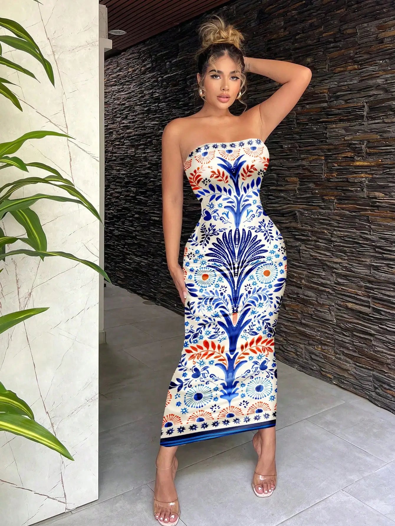 Sexy Retro Bohemian Green Tropical Print Strapless Bodycon Midi Dress For Vacation Beach Resort