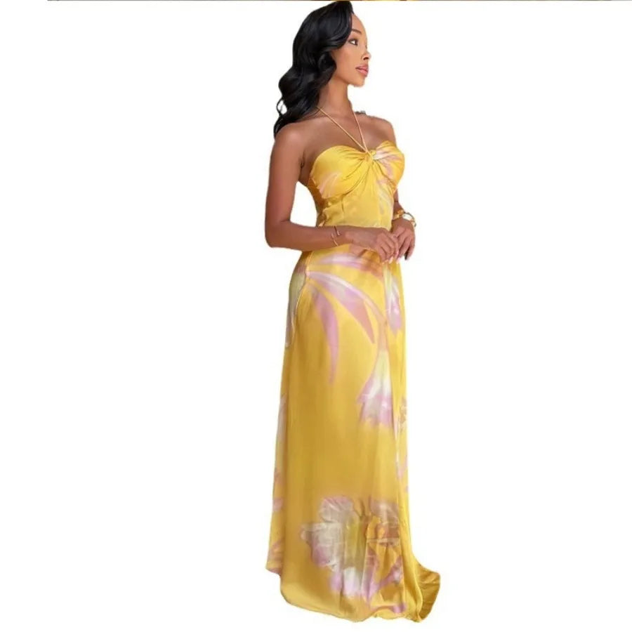 【New style】2026 new holiday seaside dress European and American style printed backless dress Sleeveless chest beach dress