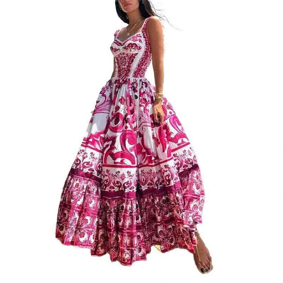 【New style】2026 Spring New Women's Clothing: Printed Pleated Waist-Cinching Ruffle Hem Long Dress