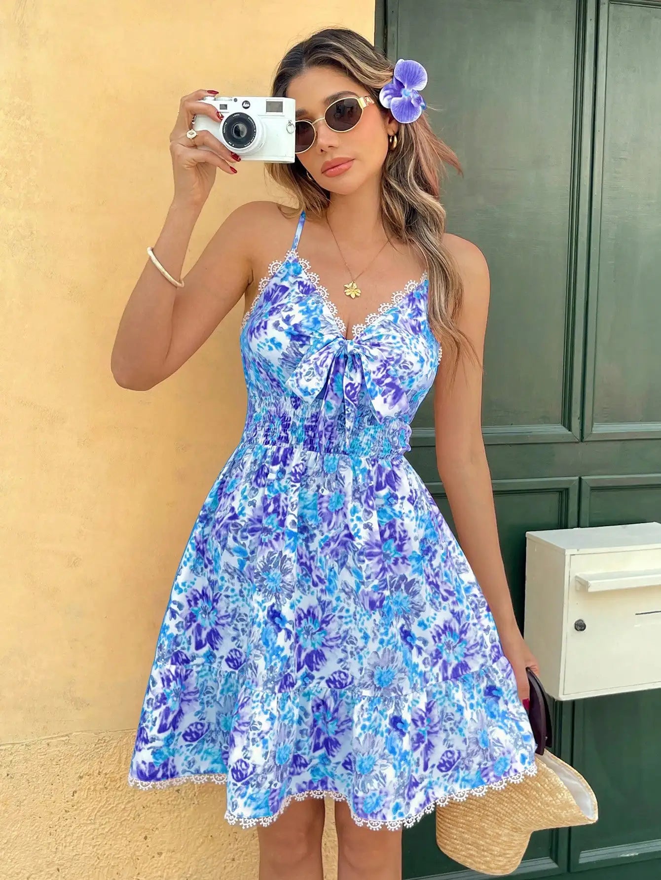 Casual Ditsy Floral Spaghetti Strap Mini Dress For Summer Vacation Beach Boho