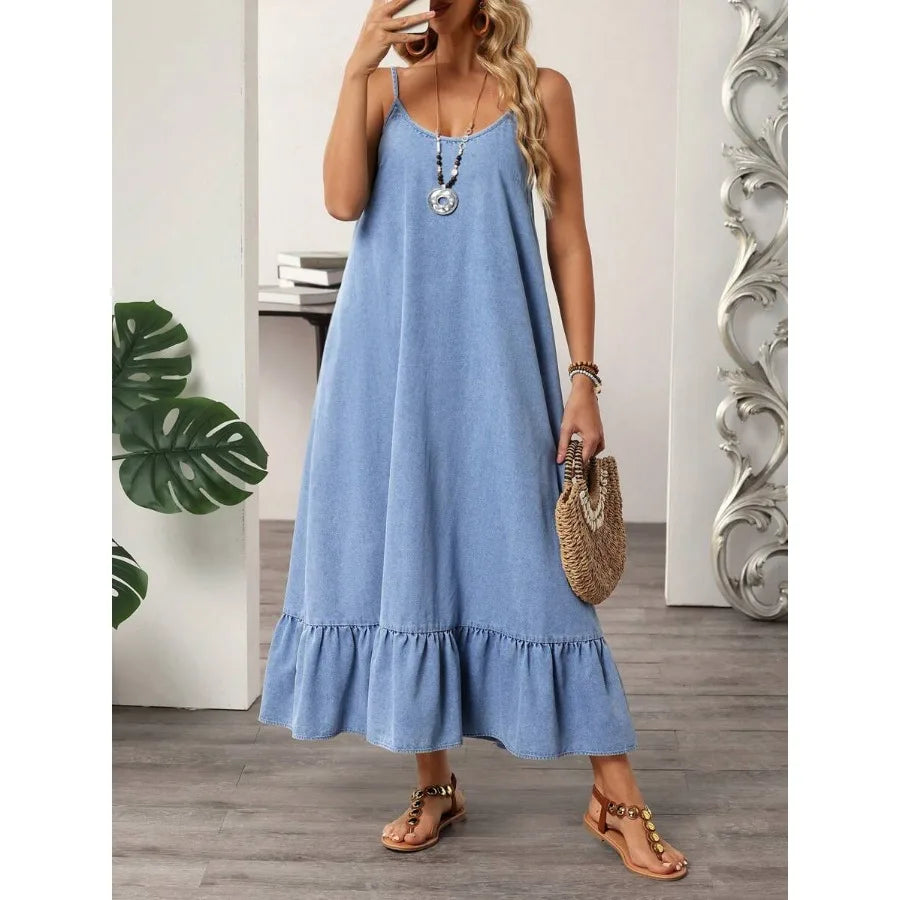 【New style】 LUNE Women's Casual Denim Dress With Ruffle Hem, Adjustable Spaghetti Straps, Summer