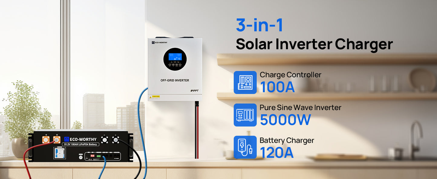 ECO-WORTHY 5.12kWh 48V 100Ah Lithium LiFePO4 Battery+5kW 48V Off-grid Inverter for Home Backup, Emergency Use