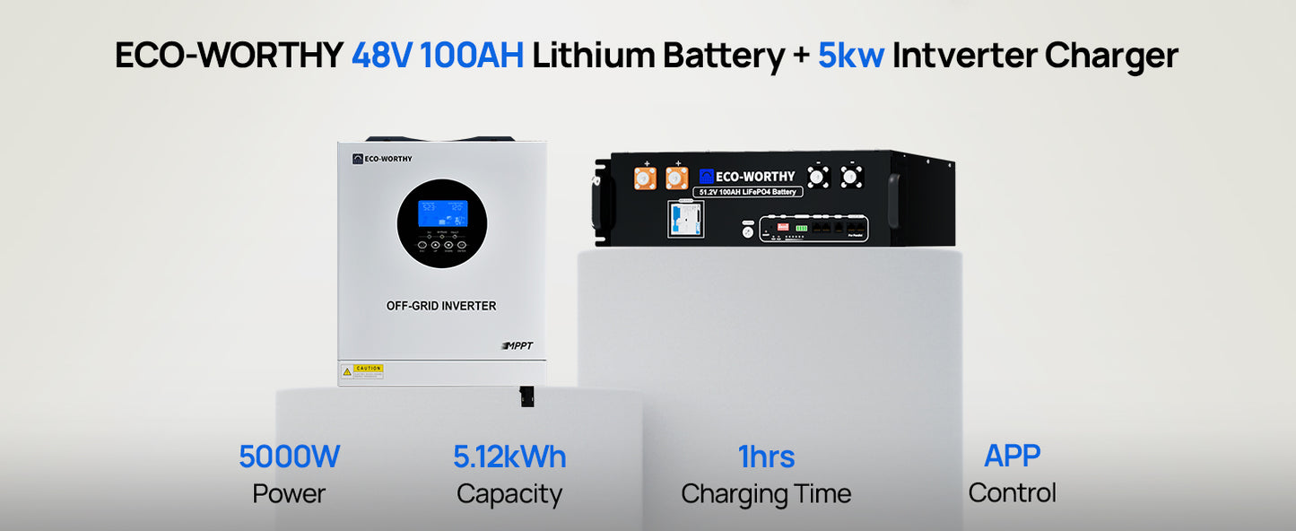 ECO-WORTHY 5.12kWh 48V 100Ah Lithium LiFePO4 Battery+5kW 48V Off-grid Inverter for Home Backup, Emergency Use
