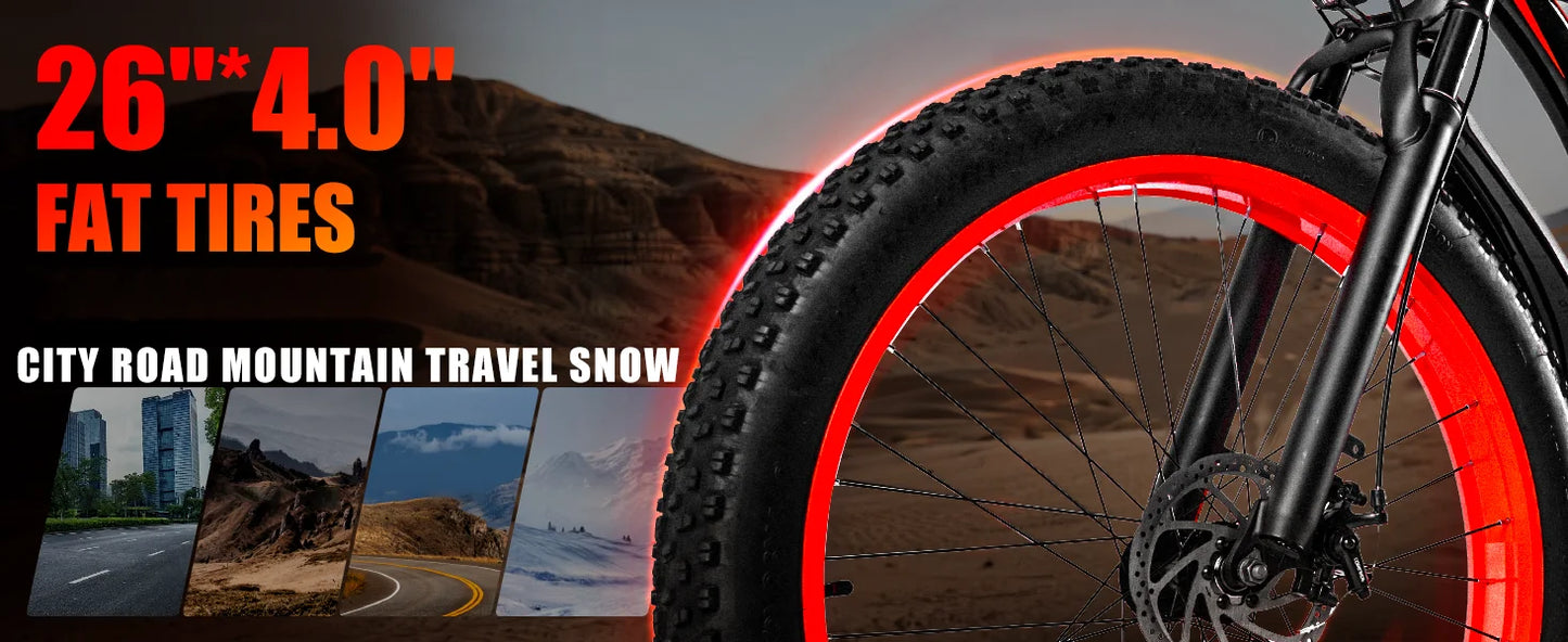 1500W Electric Bike 48V 15Ah Battery 26" 4.0 Fat Tire Ebike 34MPH High Speed Mountain Bicycle Off-Road Snow Bike for Adults