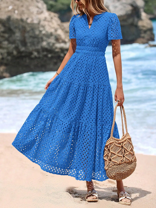 Women's Blue Eyelet Maxi Dress with V-Neck, Short Sleeves, A-Line Flowy Skirt