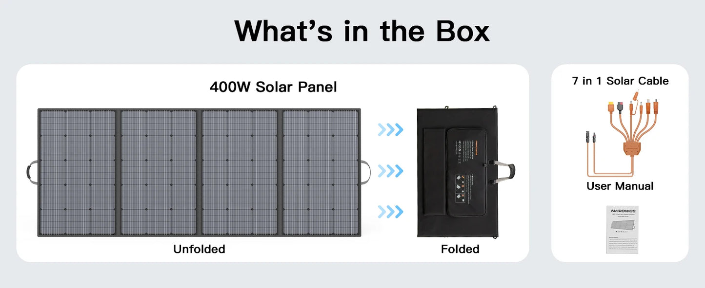 MHPOWOS 400W Lightweight Portable Solar Panel Power Backup 31V Foldable Solar Charger for Outdoor Activities RV Camping Off-Grid