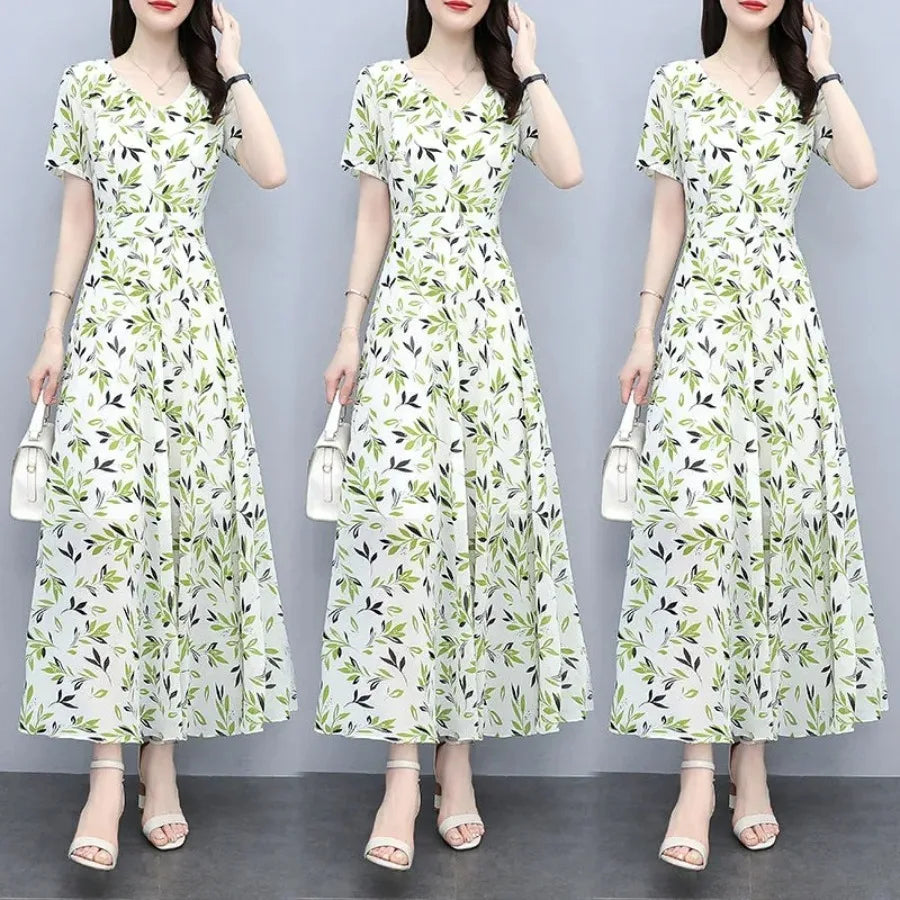 【New style】Summer clothes, new style, medium and long, above the knee, large floral fashion dress, women, waist, slimming, larg