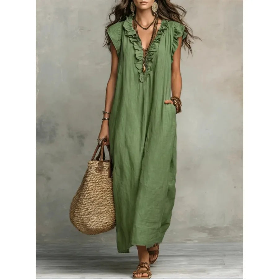 European and American solid color sleeveless v-neck holiday dress women's - 2026 spring and summer pocket ruffled temperament d