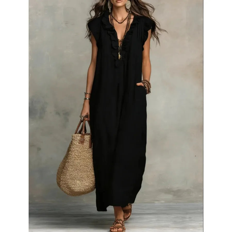 European and American solid color sleeveless v-neck holiday dress women's - 2026 spring and summer pocket ruffled temperament d