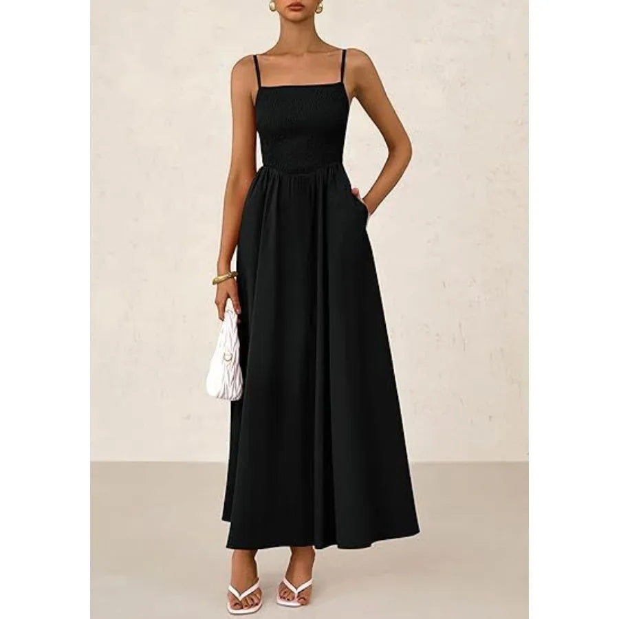 【New style】2026 women's clothing  hit fine shoulder strap pleated vest sling pocket dress