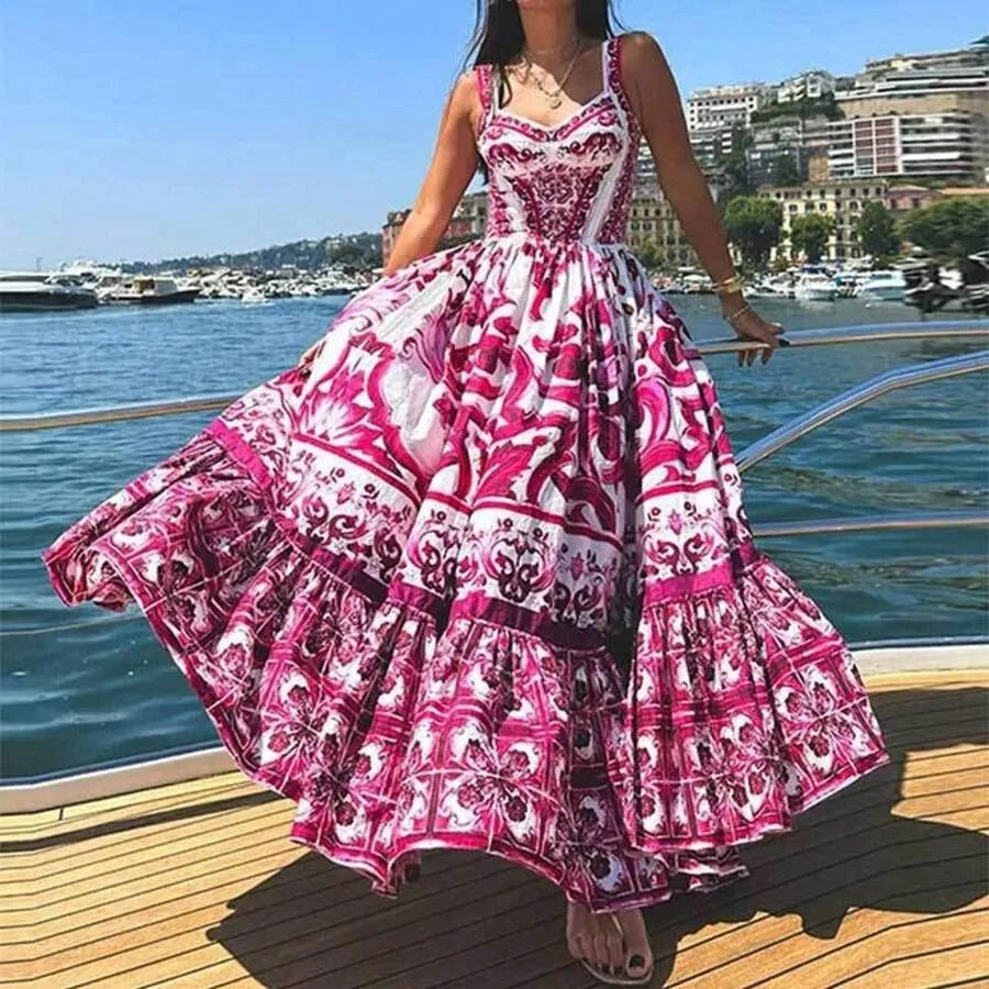 【New style】2026 Spring New Women's Clothing: Printed Pleated Waist-Cinching Ruffle Hem Long Dress