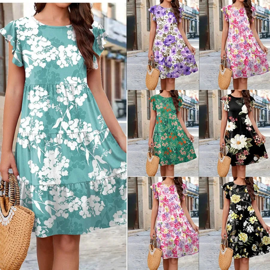 【New style】2026  European and American   - spring and summer hot printed cake flying sleeve casual dress for women