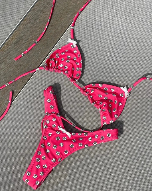 Flowers Printed Halter High Leg Cut Bikini Female Swimsuit Women Swimwear Two-pieces Bikini set Bather Bathing Suit Swim