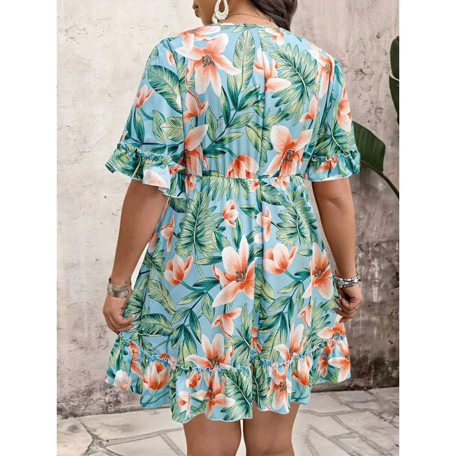 【New style】Breezaya Plus Size Women Tropical Plant Print Tie Front Short Sleeve Casual Dress
