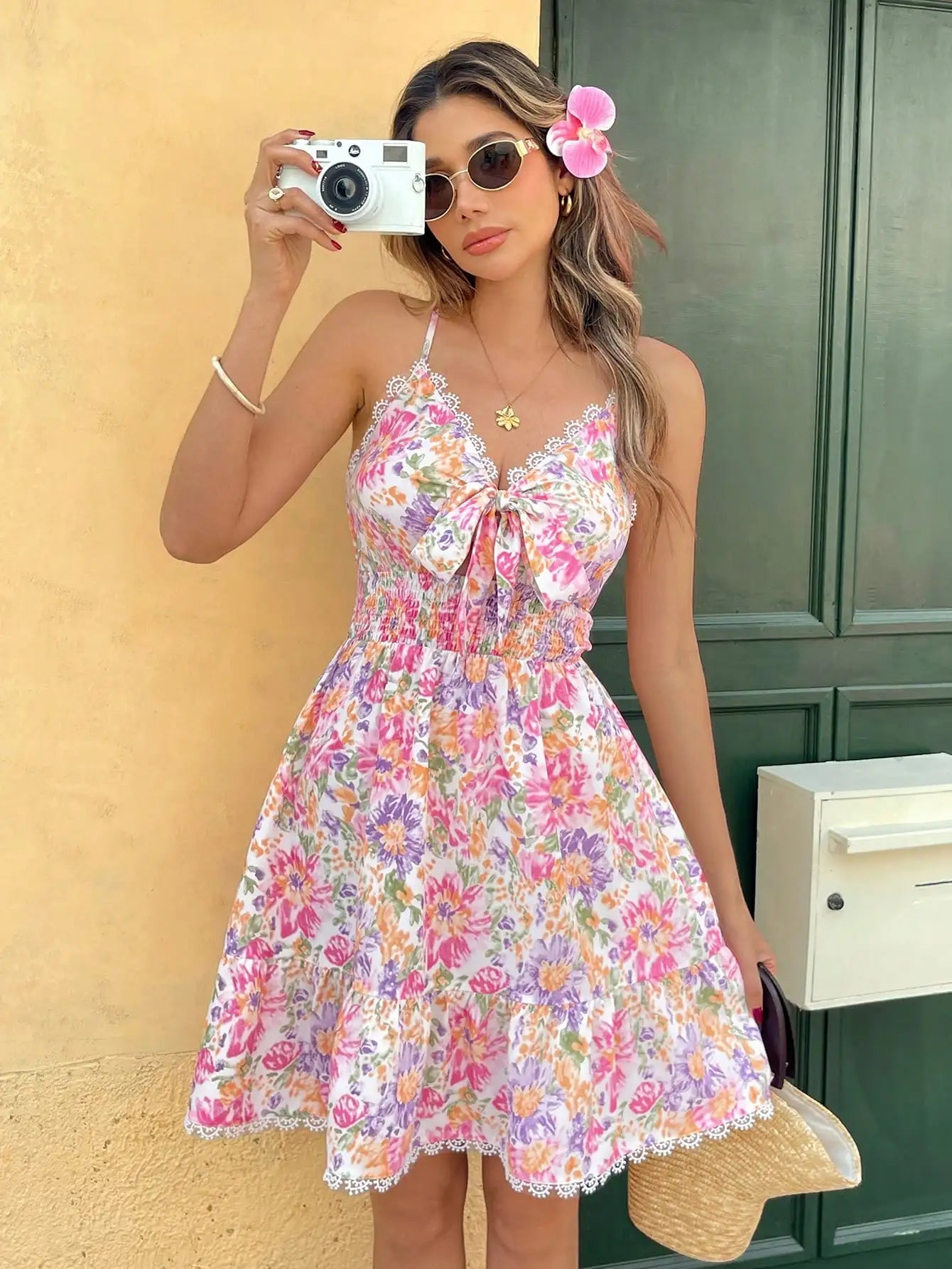 Casual Ditsy Floral Spaghetti Strap Mini Dress For Summer Vacation Beach Boho