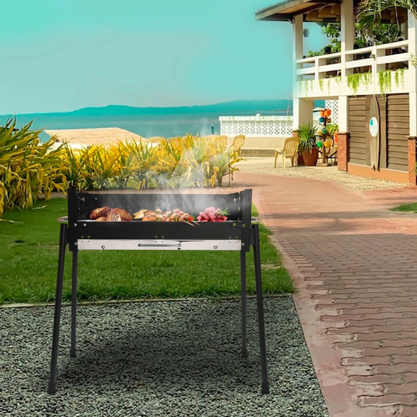 Barbecue Charcoal Grill Stainless Steel Folding Portable BBQ Tool Kits for Outdoor Cooking Camping or Any Outdoor Event