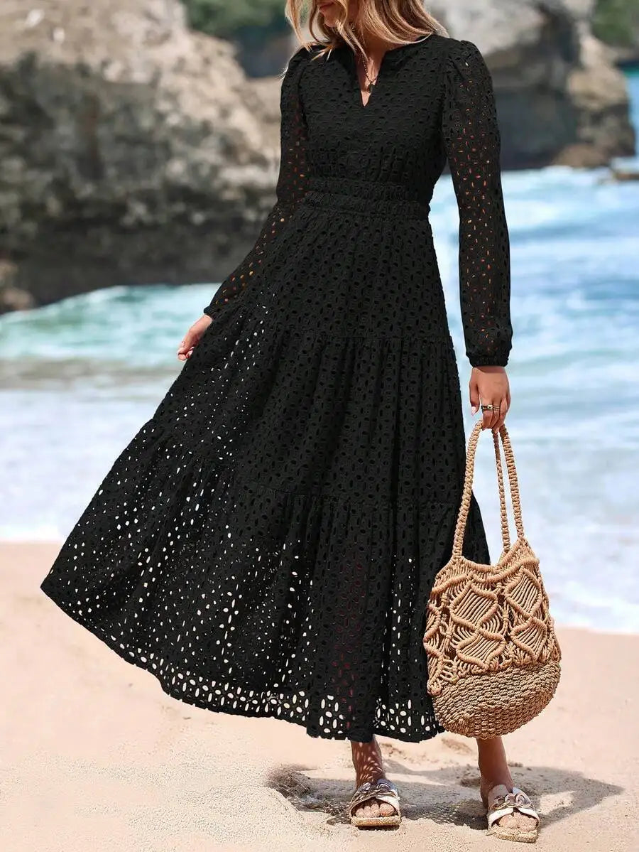 Women's Blue Eyelet Maxi Dress with V-Neck, Short Sleeves, A-Line Flowy Skirt