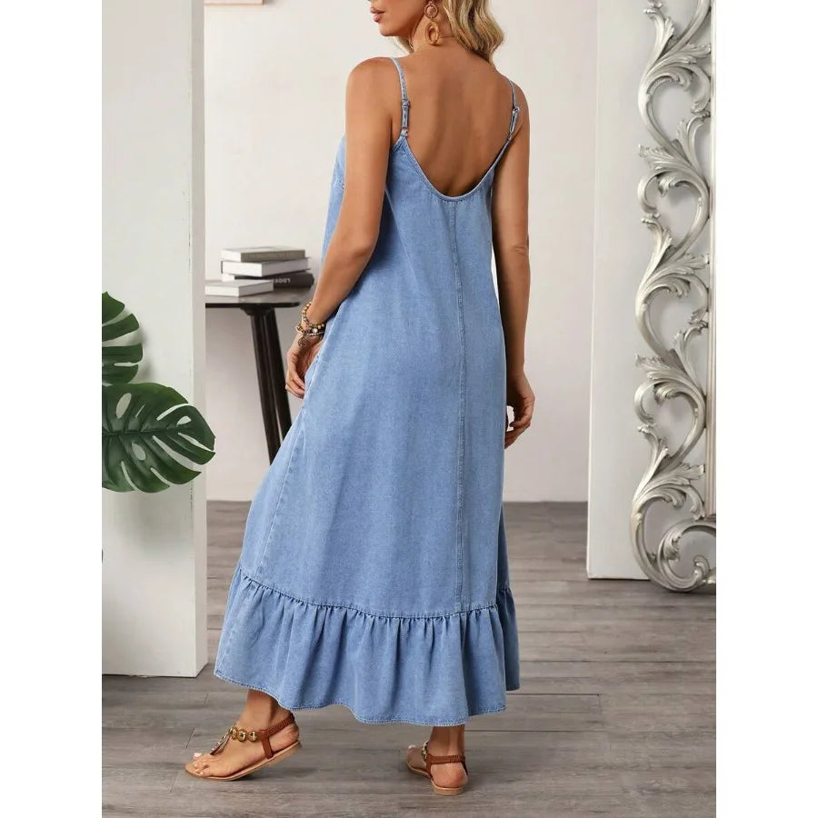 【New style】 LUNE Women's Casual Denim Dress With Ruffle Hem, Adjustable Spaghetti Straps, Summer