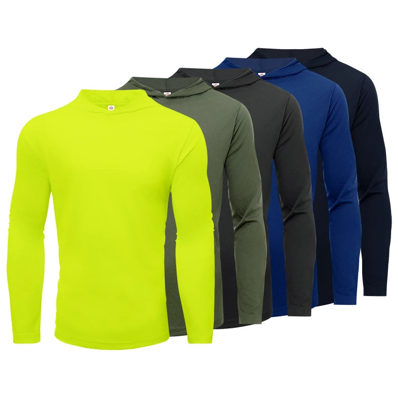 5pcs Men's T-shirt Sports Long Sleeved Shirts Hooded Solid Color Breathable Casual Shirt Suitable for Running And Fitness