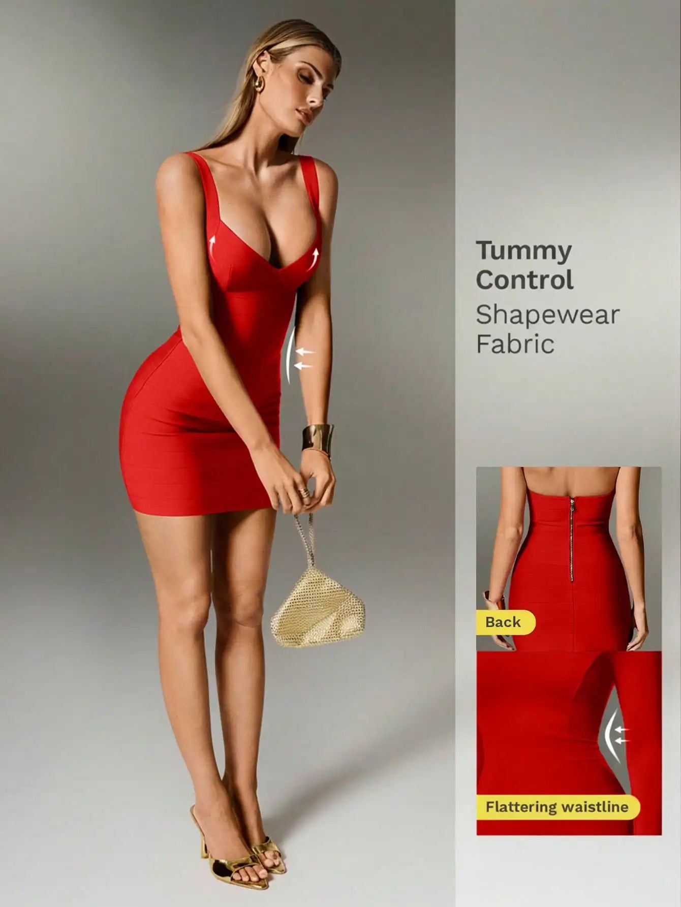 Stunning Red Bandage Style Mini Dress With Spaghetti Straps, Sleeveless Bodycon Fit For Festive Occasions