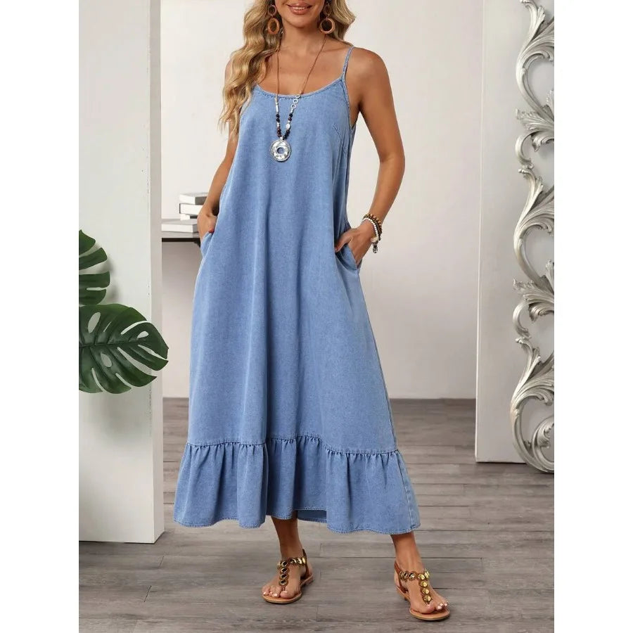 【New style】 LUNE Women's Casual Denim Dress With Ruffle Hem, Adjustable Spaghetti Straps, Summer