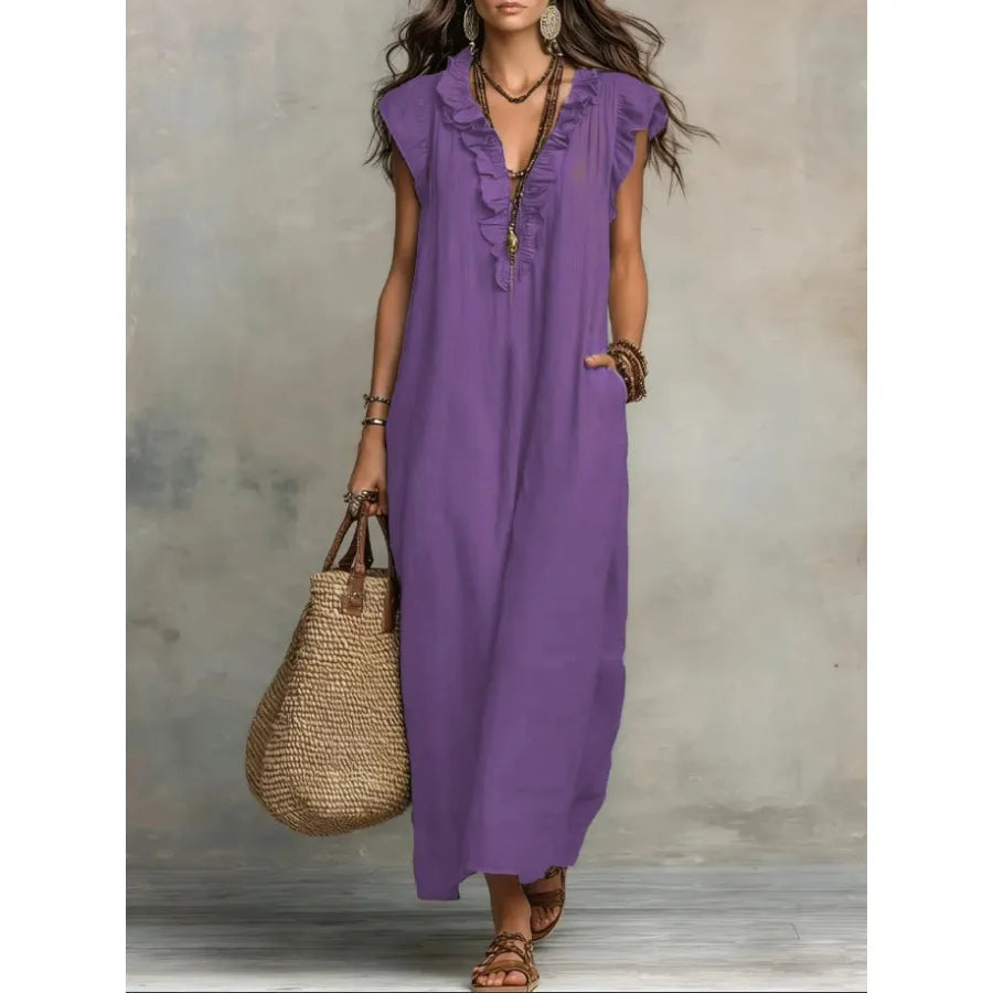 European and American solid color sleeveless v-neck holiday dress women's - 2026 spring and summer pocket ruffled temperament d