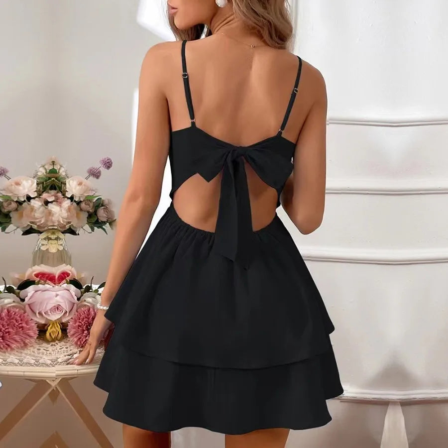 【New style】New summer women's open-back bow U-tie short sling dress