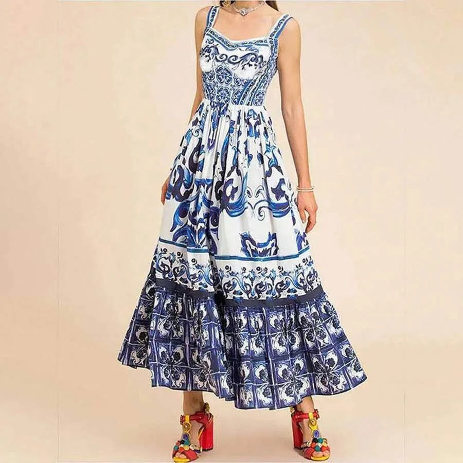 【New style】2026 Spring New Women's Clothing: Printed Pleated Waist-Cinching Ruffle Hem Long Dress
