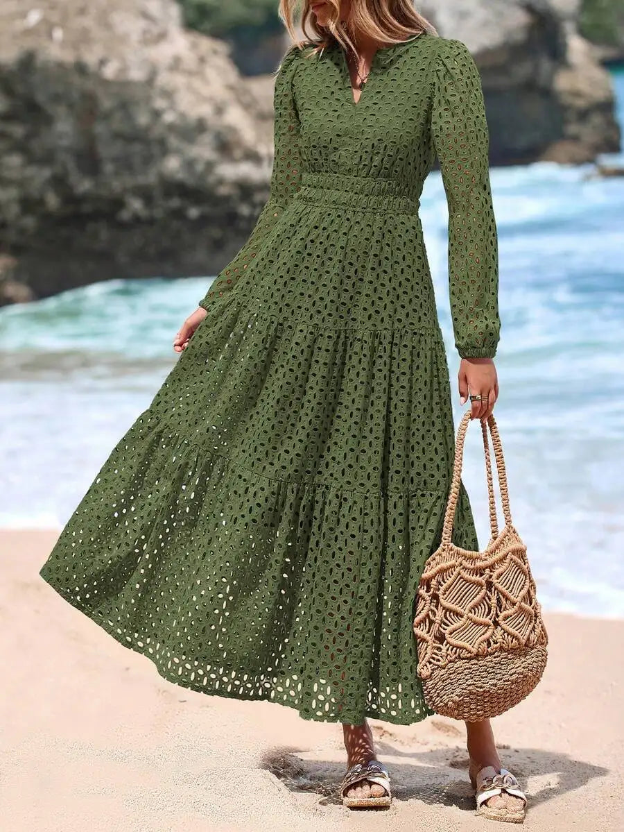 Women's Blue Eyelet Maxi Dress with V-Neck, Short Sleeves, A-Line Flowy Skirt