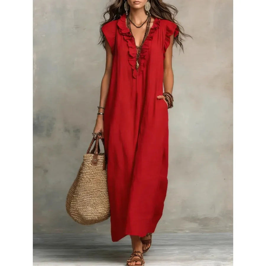 European and American solid color sleeveless v-neck holiday dress women's - 2026 spring and summer pocket ruffled temperament d