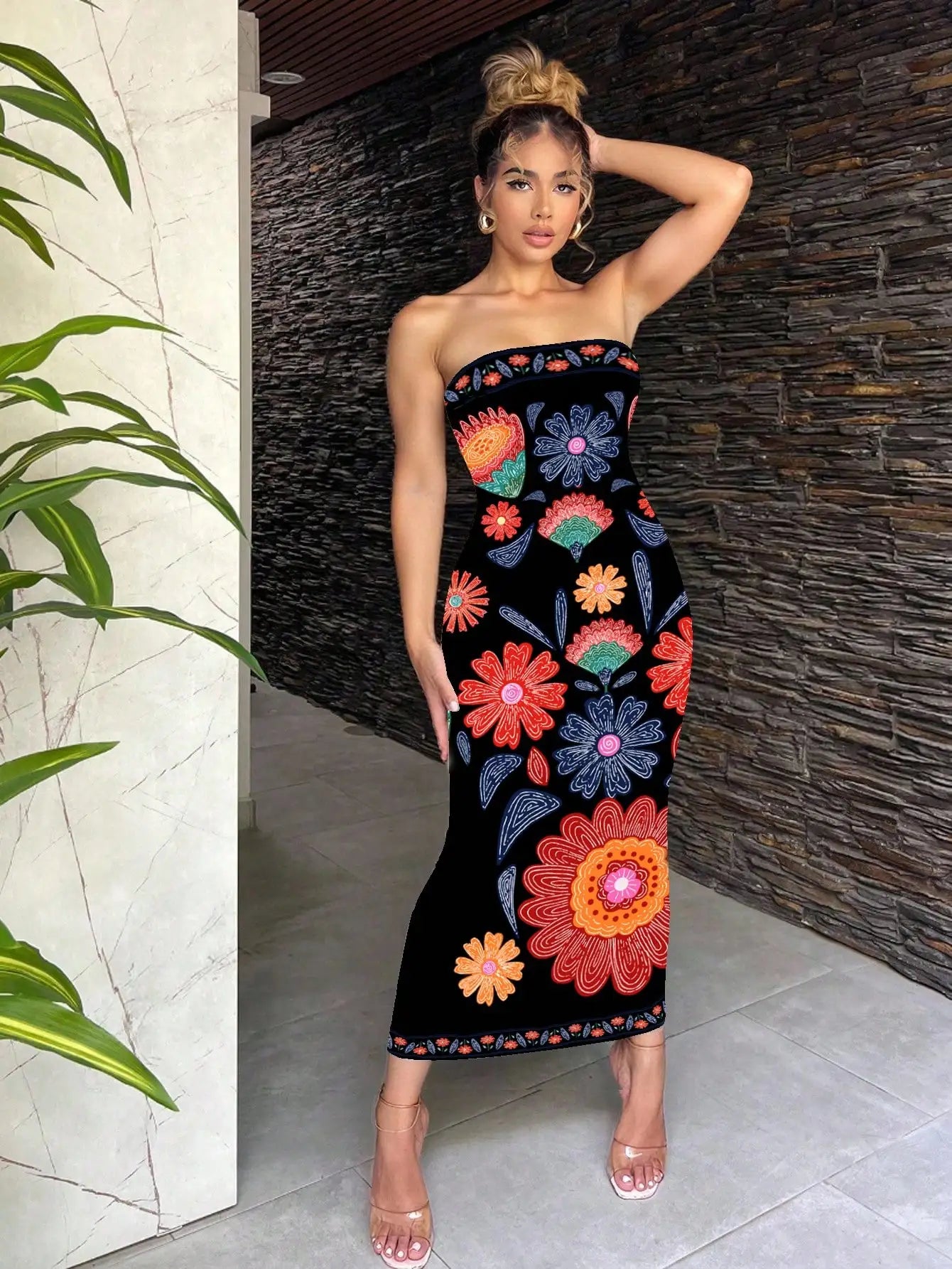 Sexy Retro Bohemian Green Tropical Print Strapless Bodycon Midi Dress For Vacation Beach Resort
