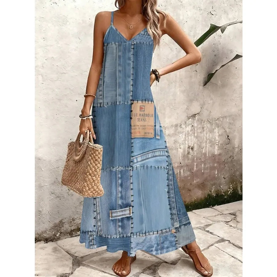 【New style】A Piece Of Retro Denim Patchwork Textured Knitted V-Neck Spaghetti Strap Dress, A Women's Outfit For Summer Casual O