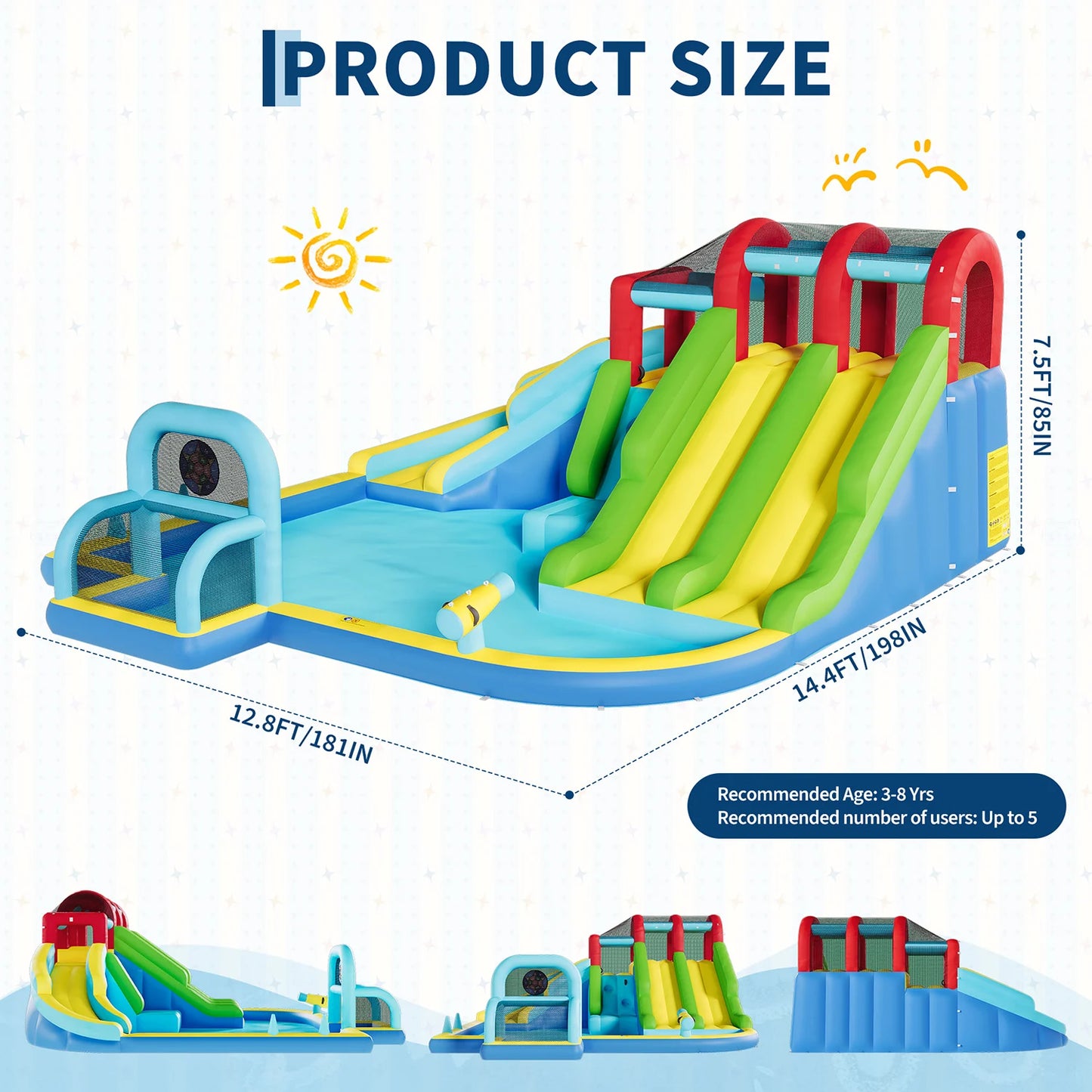 Inflatable Bounce House 3 Water Slides Oxford Fabric Bouncy Castle Kids Play Center with Blower for Indoor Outdoor Backyard Fun