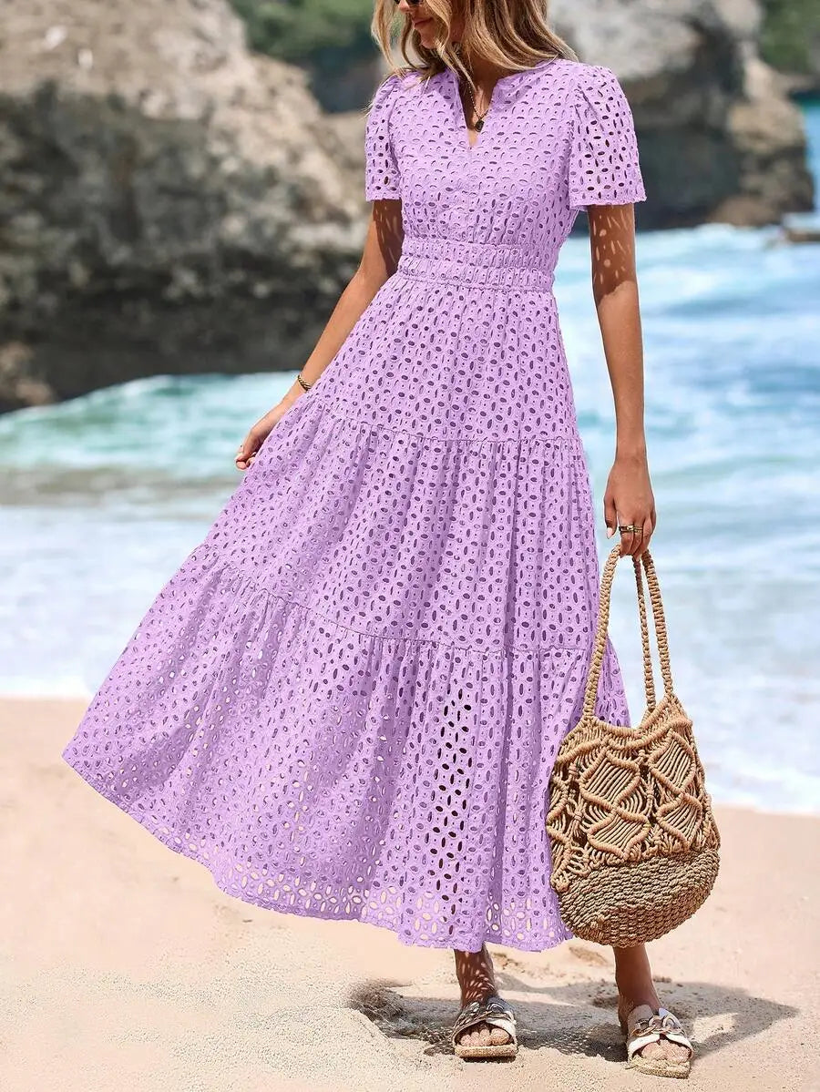 Women's Blue Eyelet Maxi Dress with V-Neck, Short Sleeves, A-Line Flowy Skirt