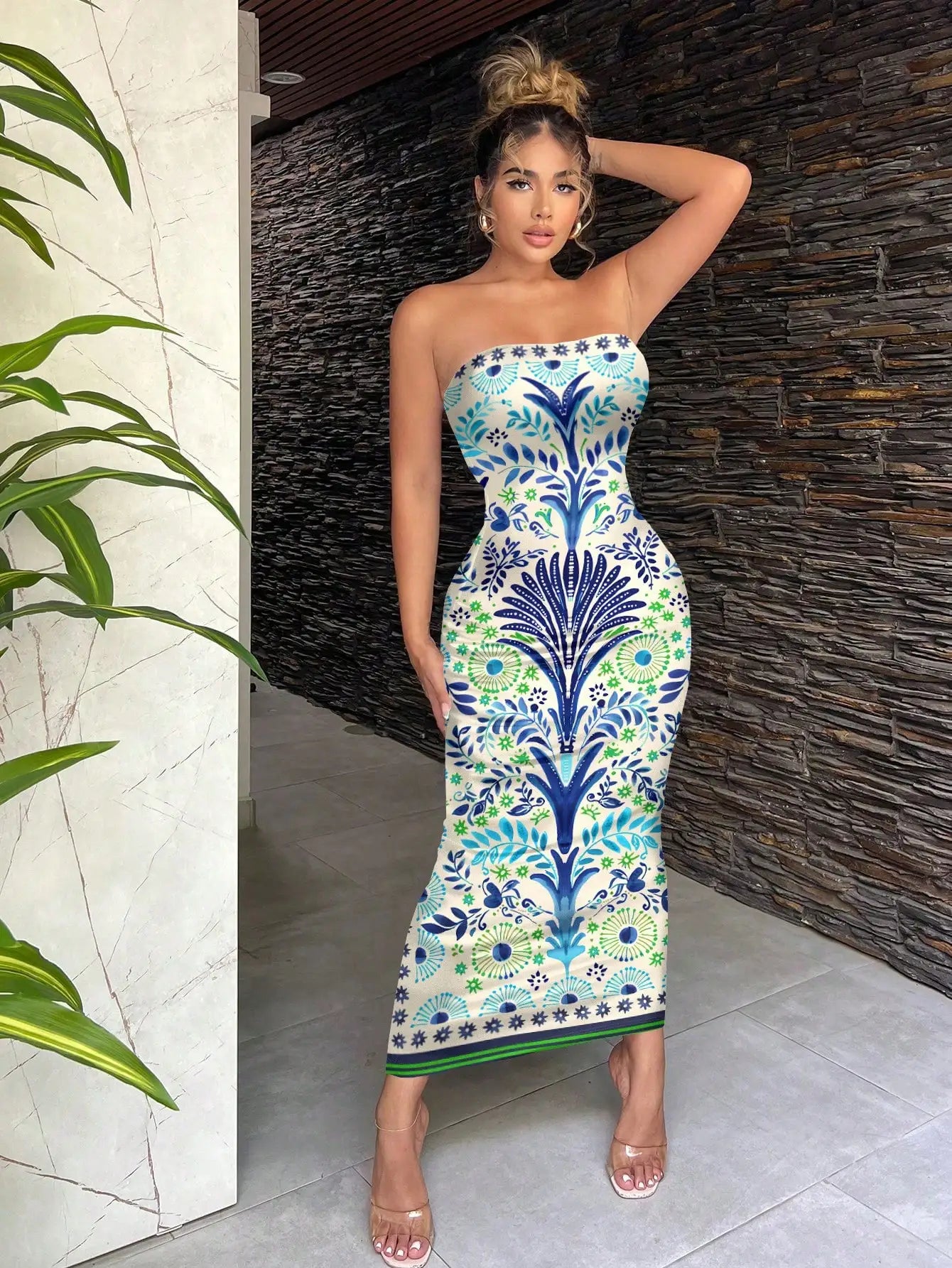 Sexy Retro Bohemian Green Tropical Print Strapless Bodycon Midi Dress For Vacation Beach Resort