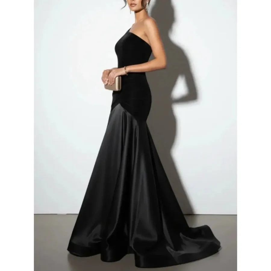 Women's Luxurious -Neck Off-Shoulder Evening Gown - Bodycon A-Line Dress with Rhinestone Side Split Hem Machine Washable Suitab
