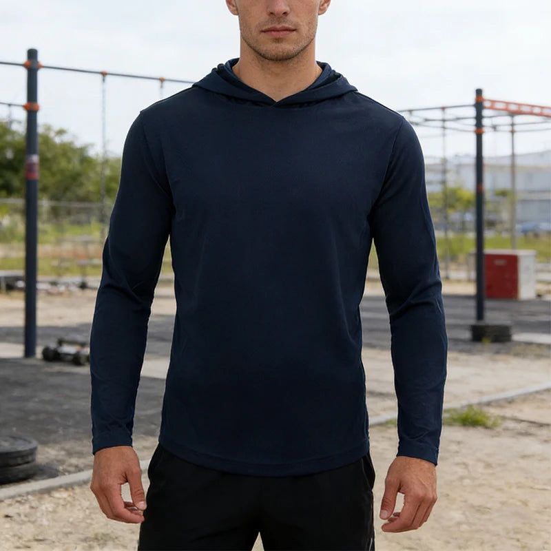 5pcs Men's T-shirt Sports Long Sleeved Shirts Hooded Solid Color Breathable Casual Shirt Suitable for Running And Fitness