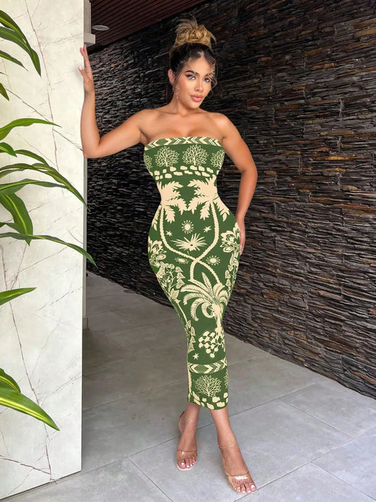 Sexy Retro Bohemian Green Tropical Print Strapless Bodycon Midi Dress For Vacation Beach Resort
