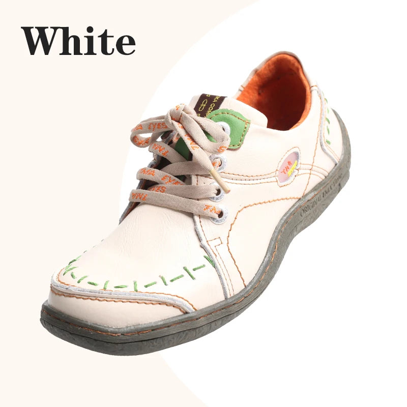 TMA EYES Women's Hand-Stitched Leather Sneakers Lightweight Flat Design Shoes Comfortable Breathable Upper Leather Sole