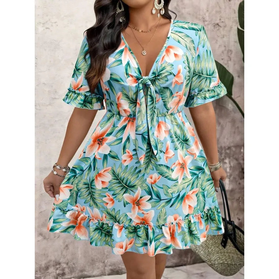 【New style】Breezaya Plus Size Women Tropical Plant Print Tie Front Short Sleeve Casual Dress