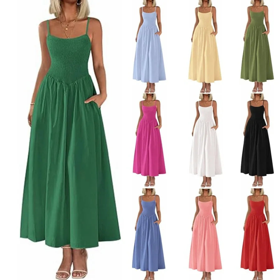 【New style】2026 women's clothing  hit fine shoulder strap pleated vest sling pocket dress