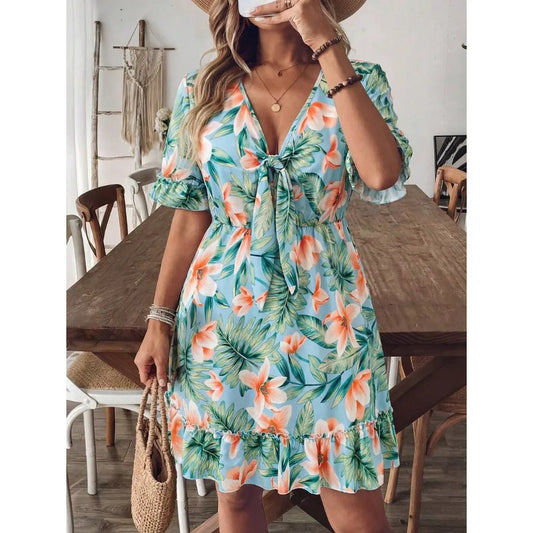 【New style】Breezaya Plus Size Women Tropical Plant Print Tie Front Short Sleeve Casual Dress